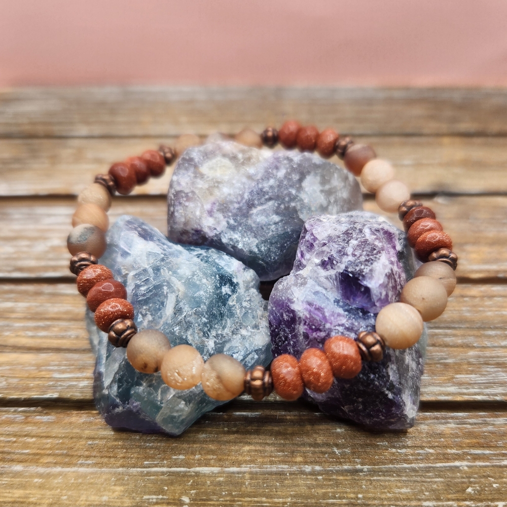 Goldstone, Agate, and Copper Beaded Bracelet